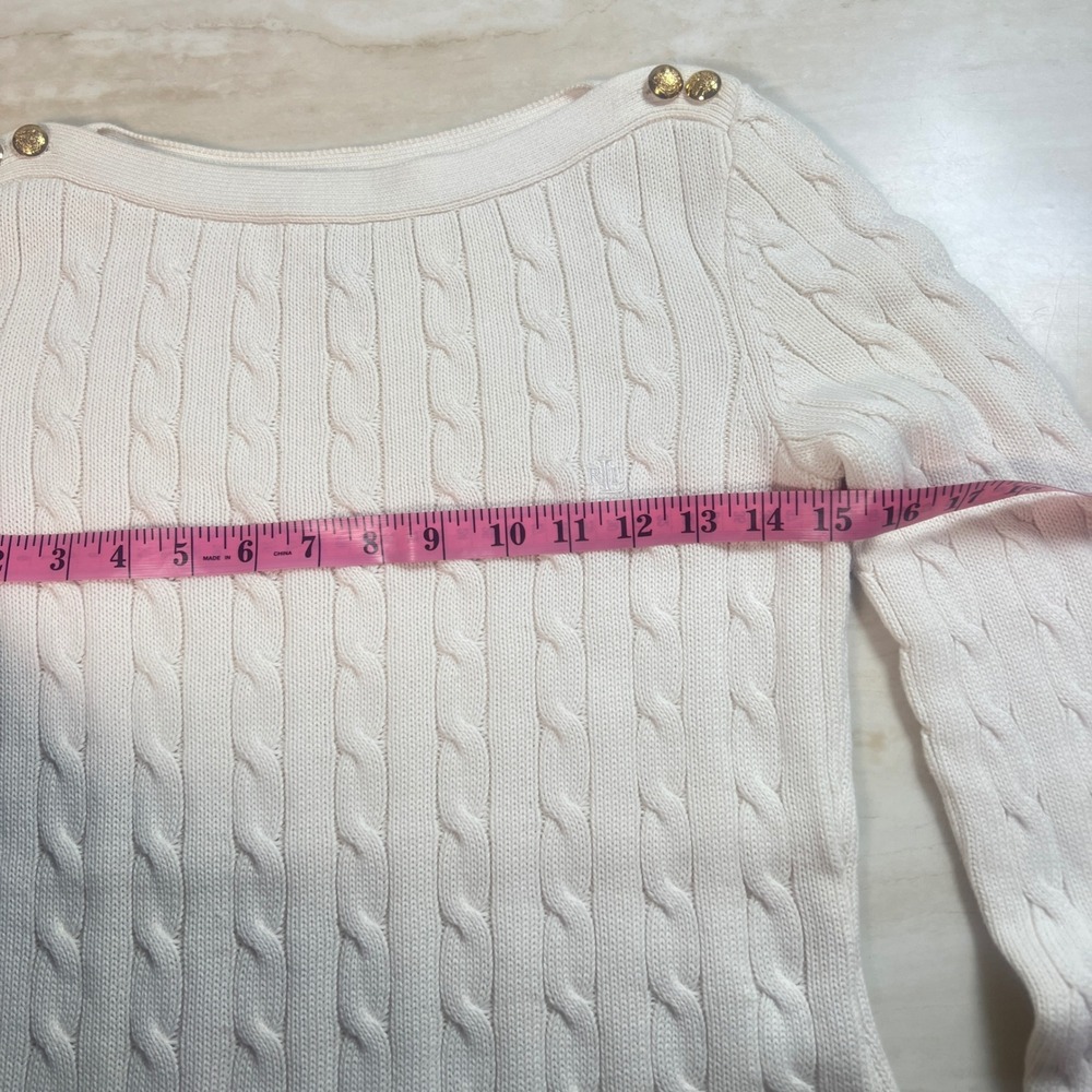 LAUREN Ralph Lauren Cream Cable Knit Boat Neck Sweater Gold Button Detail Size S - Picture 8 of 12